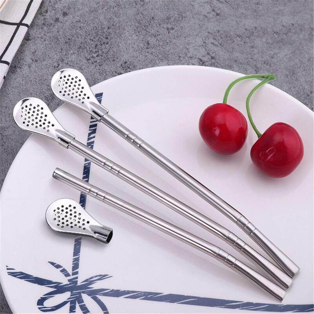 Metal Straw Stirring Spoons for Drinking, 304 Stainless Steel Reusable Tea Cocktail Filter With Brush Kitchen Bar Utensil