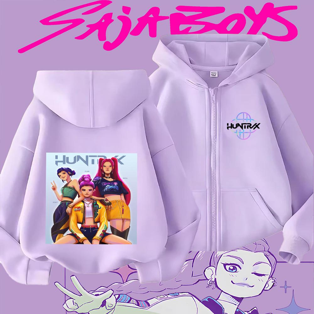 Huntrix Girls Zoey Rumi Mira Cartoon Print Kids' Zipper Hoodie Casual Long Sleeve Sweatshirt for Children