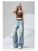 Women's High-Waisted Retro Blue Ripped Jeans – Summer 2026, Loose Fit, Slimming, Straight Leg, Floor-Length