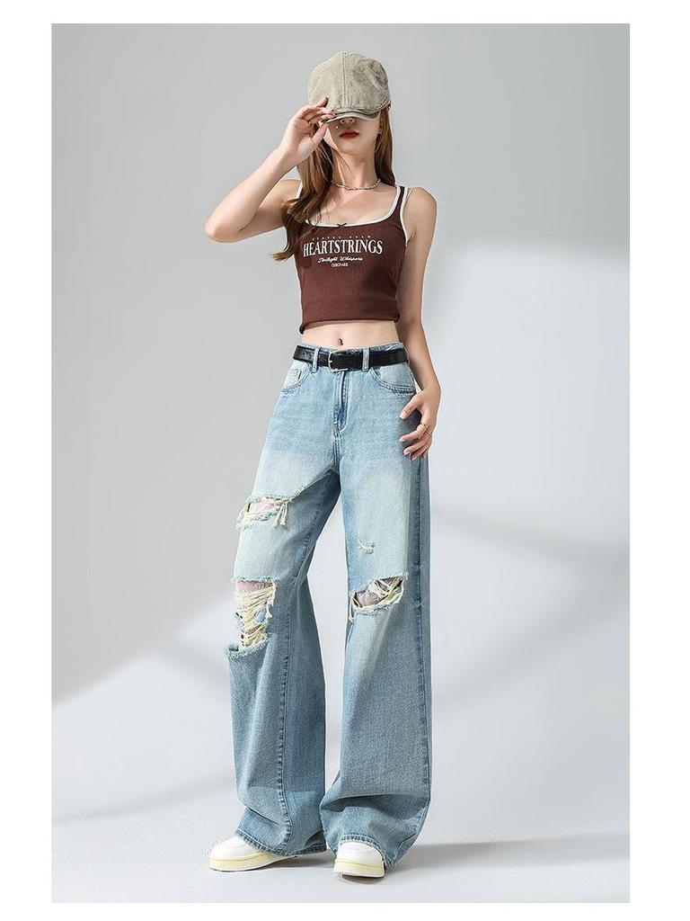 Women's High-Waisted Retro Blue Ripped Jeans – Summer 2026, Loose Fit, Slimming, Straight Leg, Floor-Length