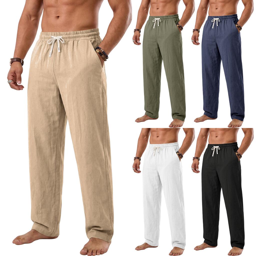 Men's Casual Linen Drawstring Waist Pants Straight Leg Long Trousers for Beachwear and Leisure Four Seasons Suitable