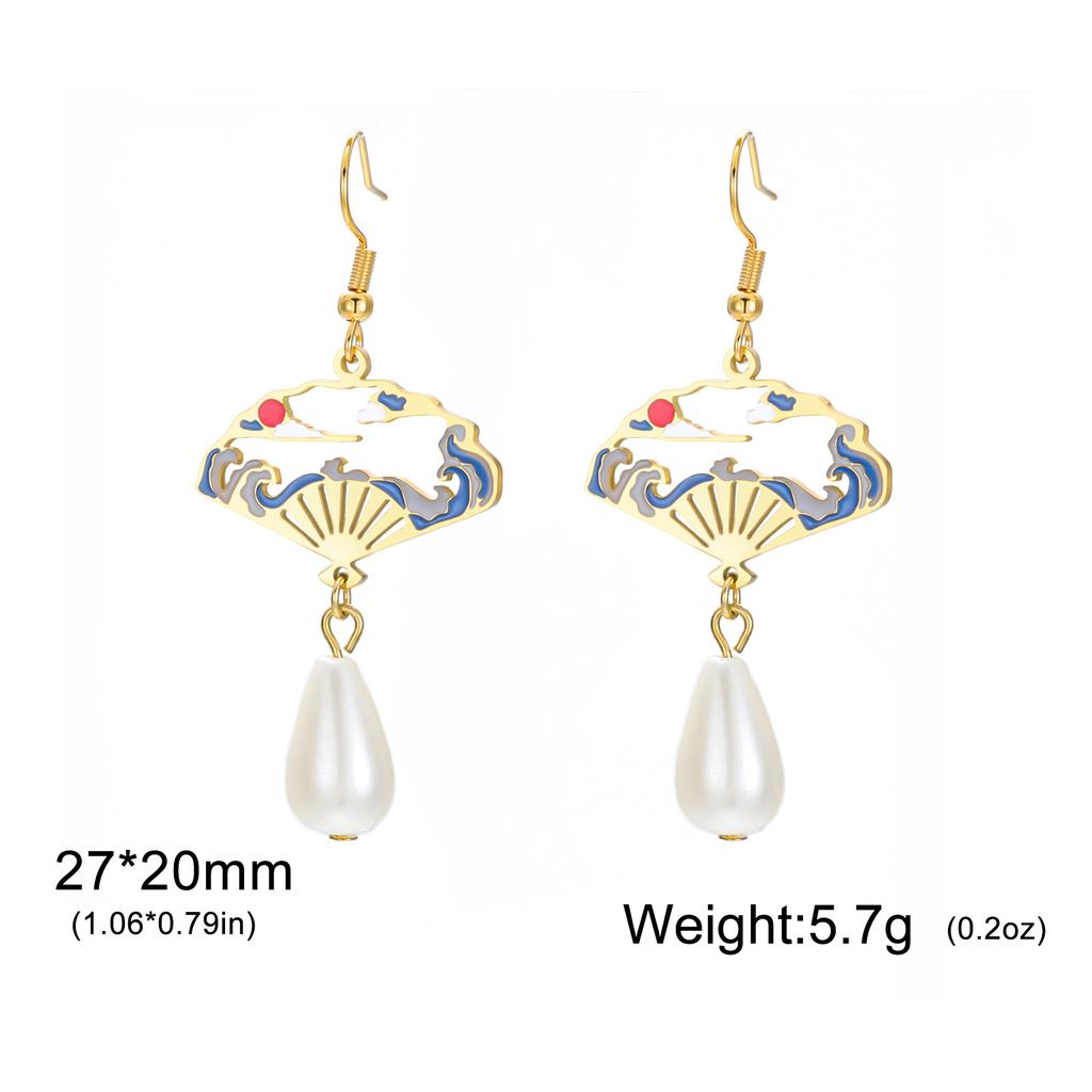 Teamer Enamel Folding Fan Charms Pearl Pendant Earrings For Women Girls Stainless Steel Hoop Earrings Fashion Jewelry Gift New