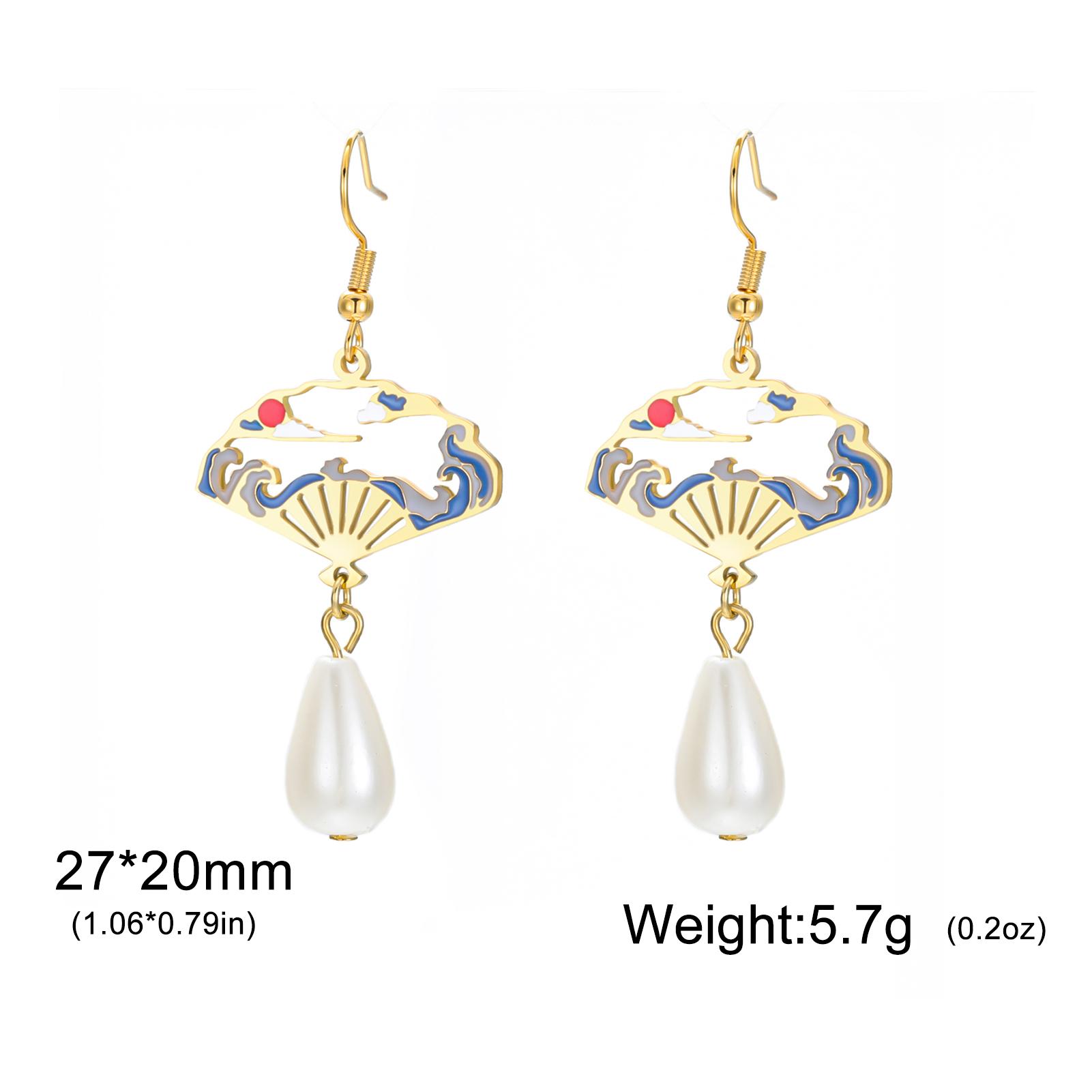 

Teamer Enamel Folding Fan Charms Pearl Pendant Earrings For Women Girls Stainless Steel Hoop Earrings Fashion Jewelry Gift New