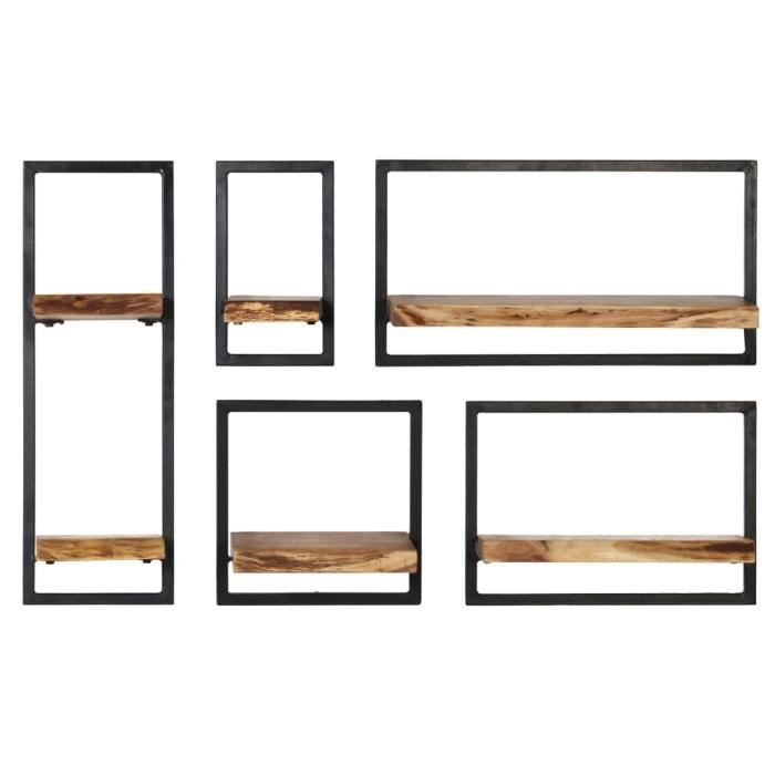 Ensemble d'étagères murales en bois d'acacia massif et acier - vidaXL - 5 pcs - Brun - Salon