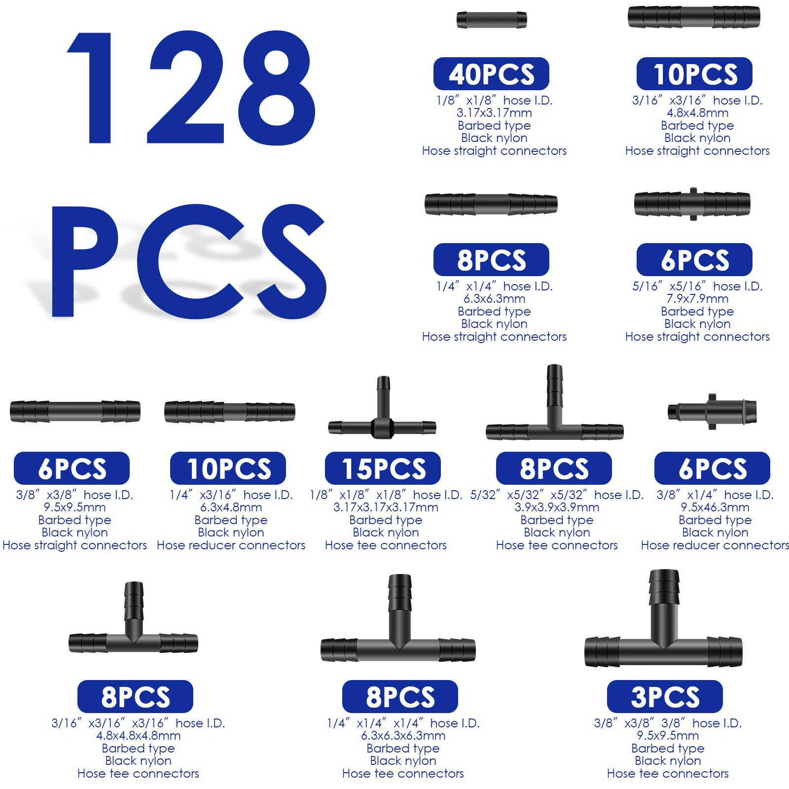 

128Pcs Drip Irrigation System Tubing Hose Connector Plant Watering System 12 Sizes Nylon Vacuum Hose Fittings белый
