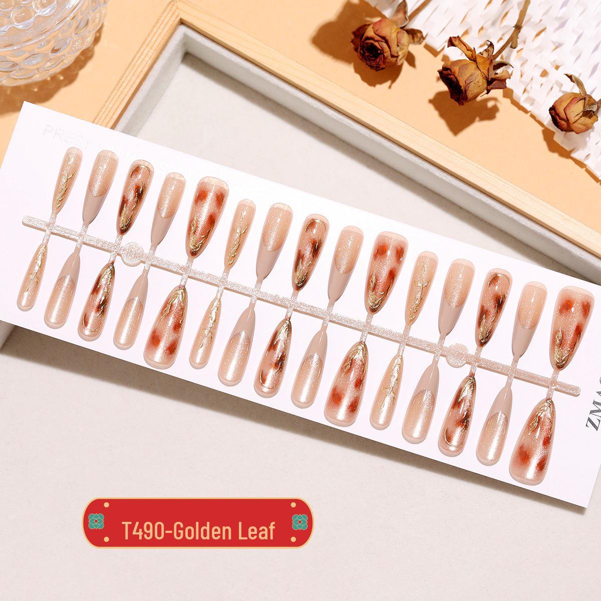 

Golden Leaf Almond Cat Eye Press-on Nail Tips - 30pcs, Medium-Long, Gilded Ombre Full Strip M/M/M
