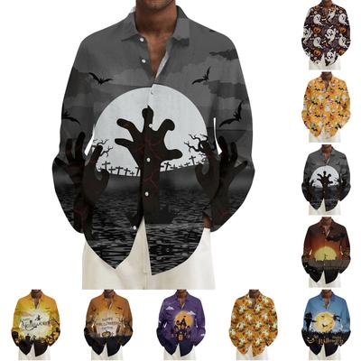 Halloween Print Lapel Long Sleeve Men's Shirt Men's Tops