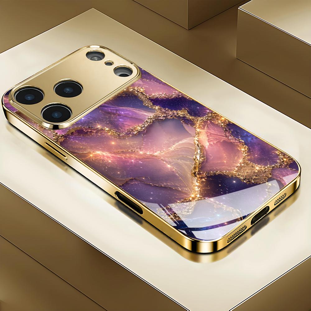 Texture Phone Case Gold Electroplated Tempered Glass For iPhone 16 15 14 13 12 Pro Max Shockproof Silicone Hard Back Cover