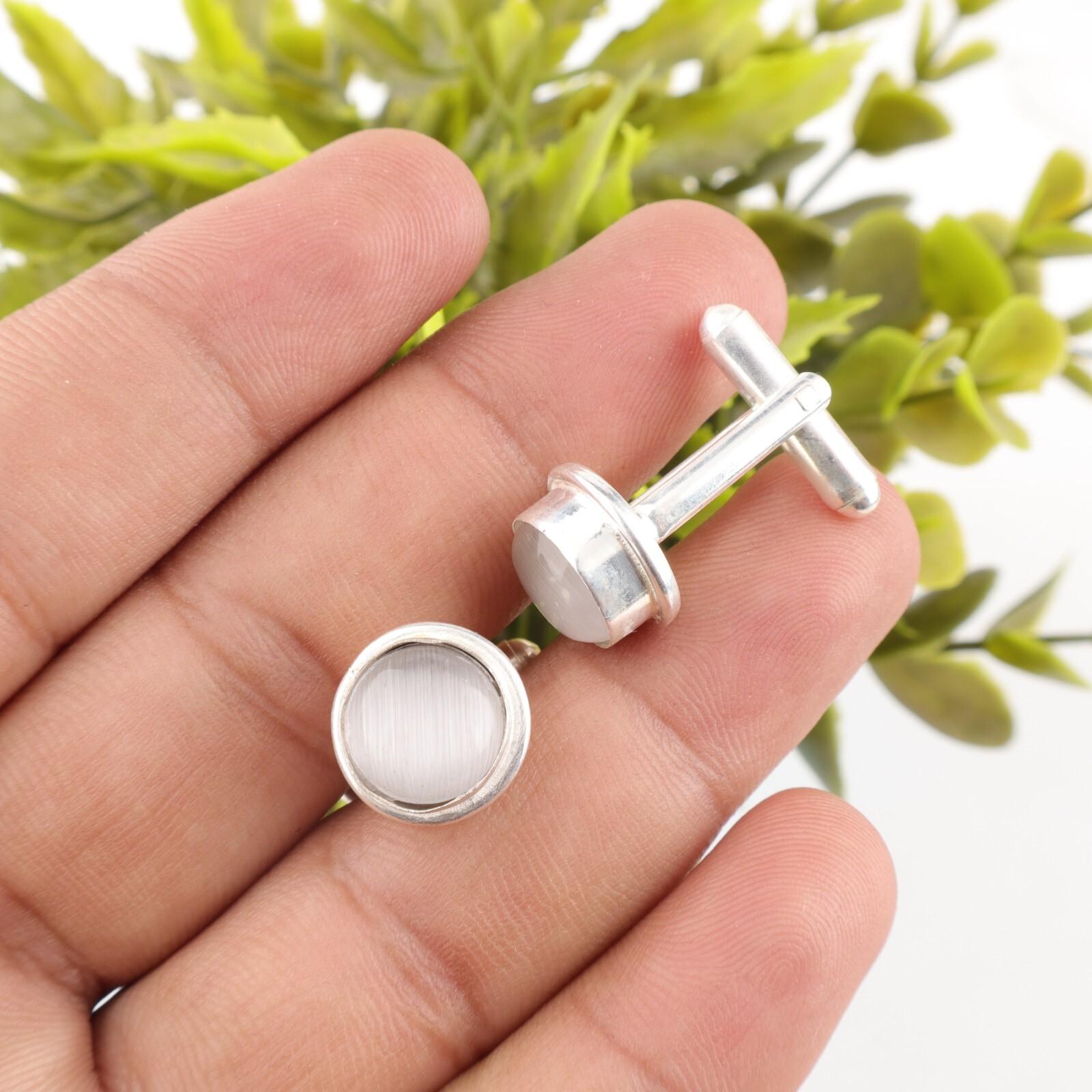 

925Sterling Silver Selenite Gemstone Cufflink Handmade Jewelry Father s Day Gift CL-4-28