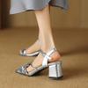 New summer middle heel with sandals women's rubber soft sole size women's shoes casual square heel square head sandals women's