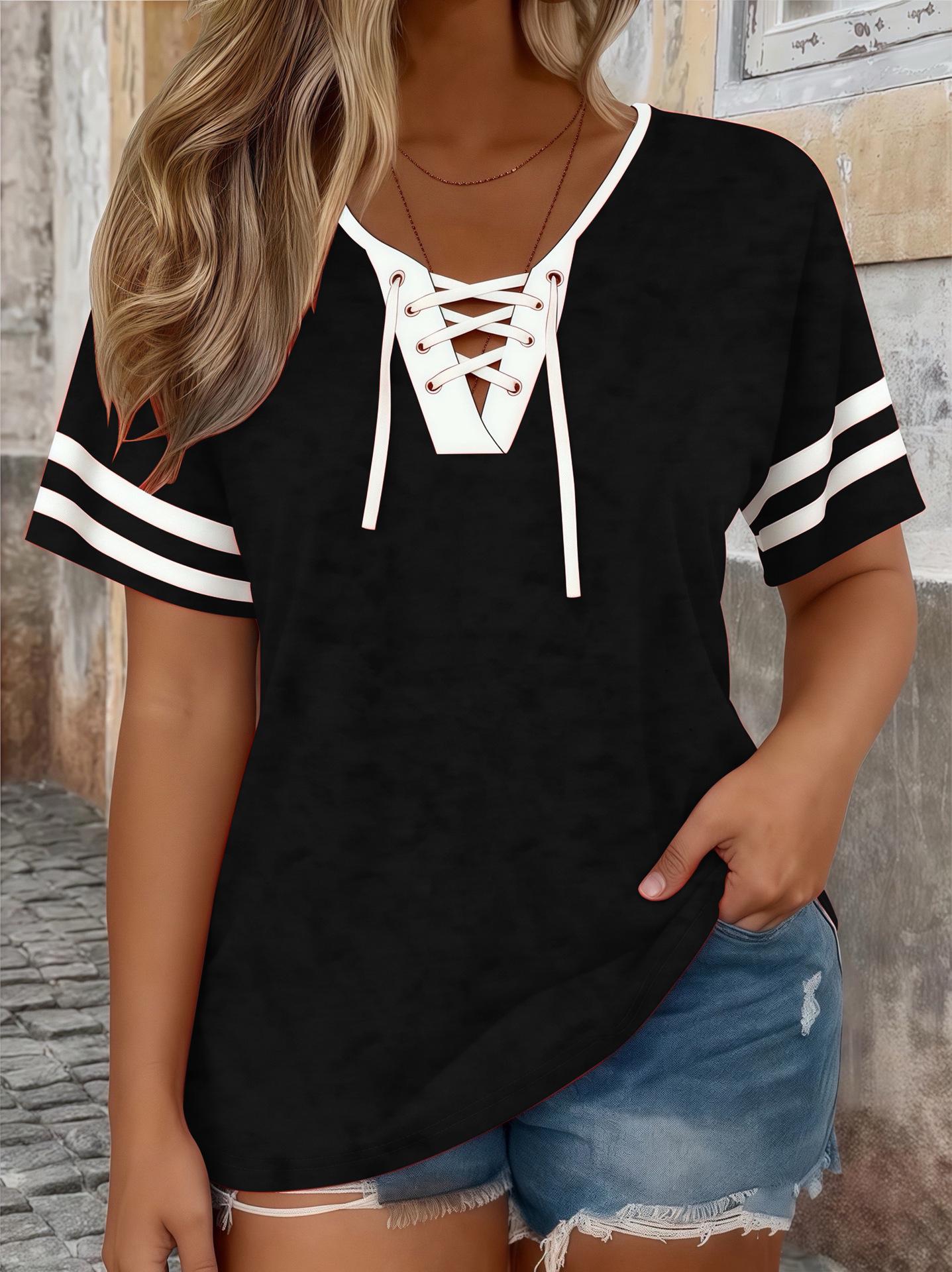 

2026 Spring/Summer Women s Plus Size V-neck Color Block Loose Short Sleeve Top 2XL чёрный/чистый