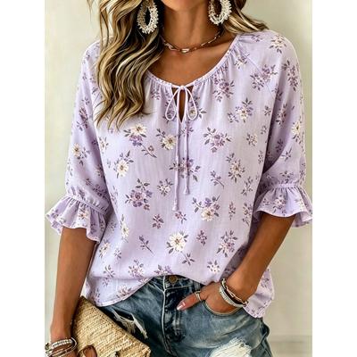 Women's Lavender Floral Print Tie Neck Blouse, Casual Loose Tops for Spring Summer Daily Wear & Vacation Occasions