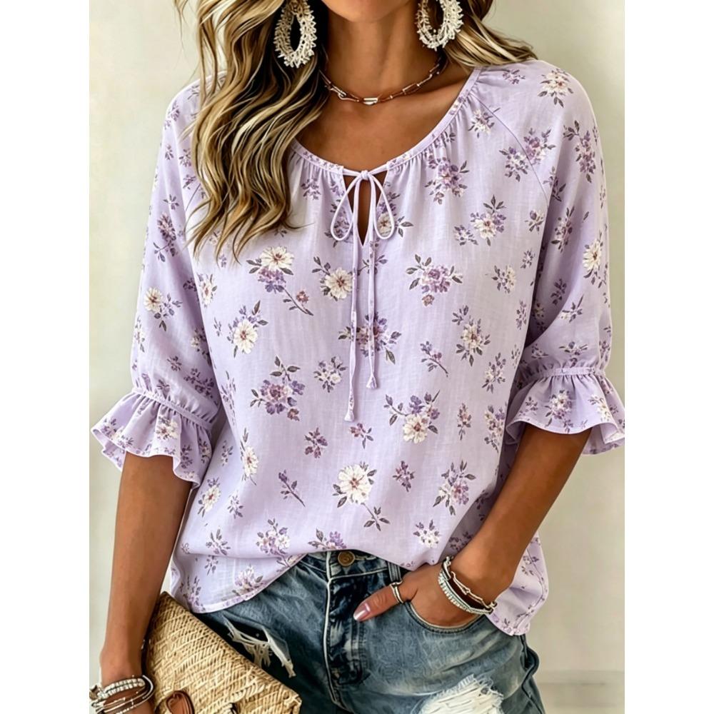 Women's Lavender Floral Print Tie Neck Blouse, Casual Loose Tops for Spring Summer Daily Wear Vacation Occasions
