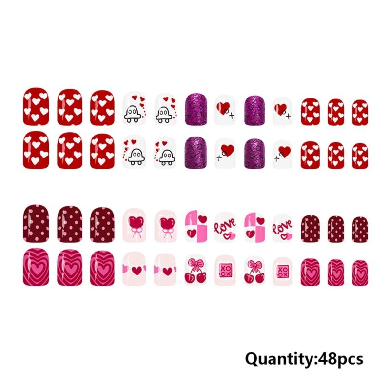 48Pcs False Nail Pink Heart Cherries Blossom Glitters Pattern Romantics Theme Easy To Apply for Parties Daily Use