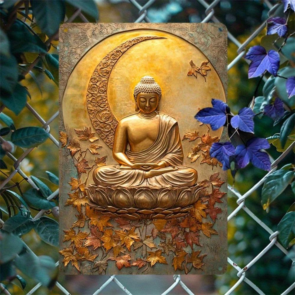 Aluminum Metal Wall Art Golden Buddha Tin Sign for Bedroom Living Room Decor