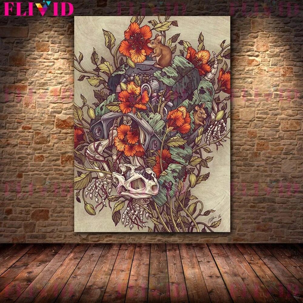 Skeletons,Flowers & Mysterious Animals Vintage Wall Art Canvas Painting Bat Opossum,Astrology Moon Stars Planets Poster Print No Frame