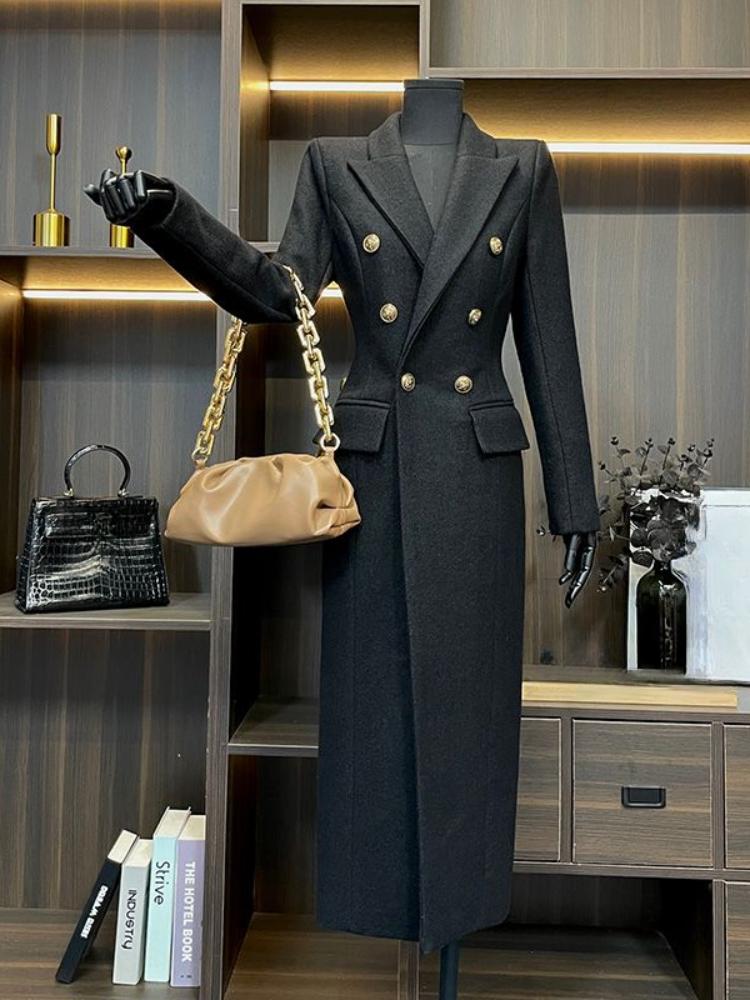 

Костюм воротник шерстяное пальто женская зимняя одежда ретро тонкий двубортный темперамент высокое качество пригородных длинных пальто женская одежда M чёрный