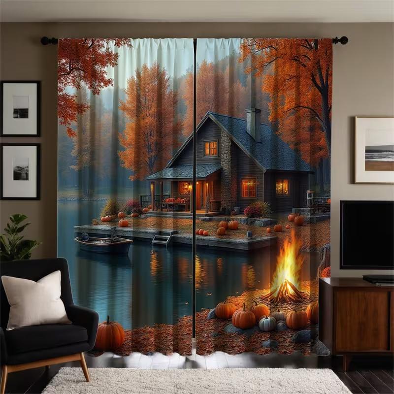 2 Stück Vorhänge mit Seelandschaftsdruck, geeignet für Schlafzimmer-, Wohnzimmer-, Küchendekoration, Heimdekoration, Fensterdekoration