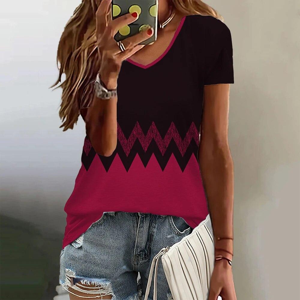 Gradient Pattern Women's T Shirt Summer V Neck Casual Short Sleeve Tees Female Oversized Harajuku Clothing Fashion Girls Blouse