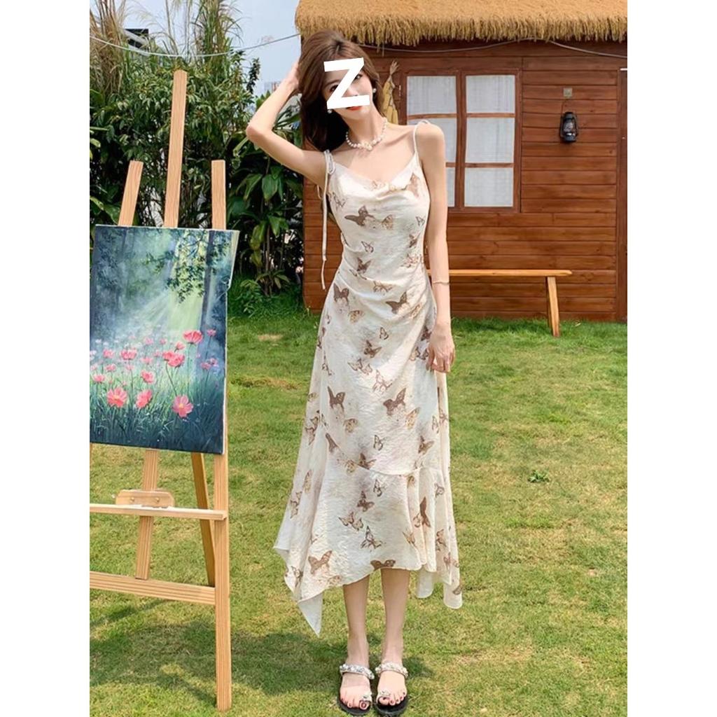 Retro Temperament Butterfly Floral Suspender Dress Women's Summer French Vacation Style Pure Desire Swinging Collar Irregular Long Dress