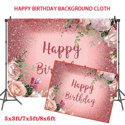Rosa Blumen Hintergrund „Happy Birthday“ für Kinder und Mädchen, Vinyl-Dekoration, 1,5 x 0,9 m, 2,1 x 1,5 m, 2,4 x 1,8 m