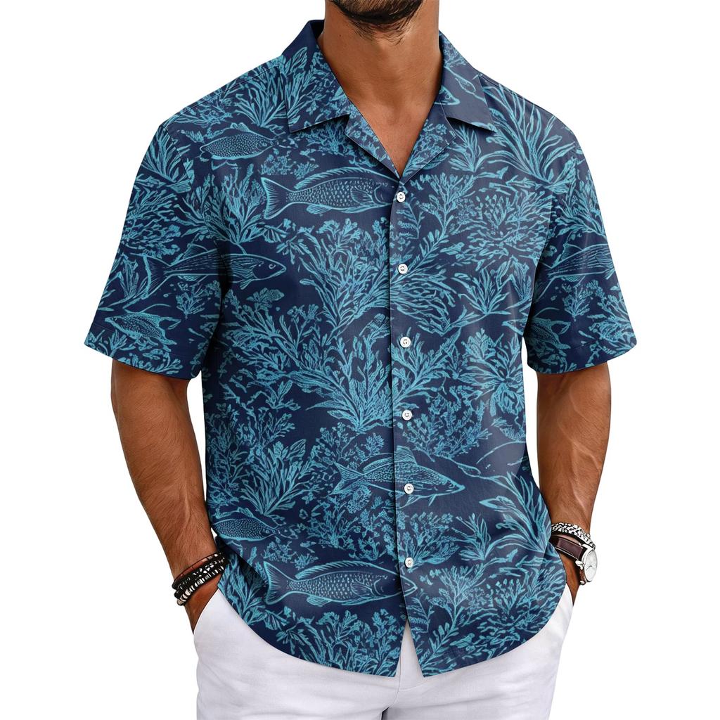 Men's Summer Hawaiian Print Cuban Collar Shirt Short Sleeve Button Down Casual Beach Shirt Lightweight Breathable Fabric