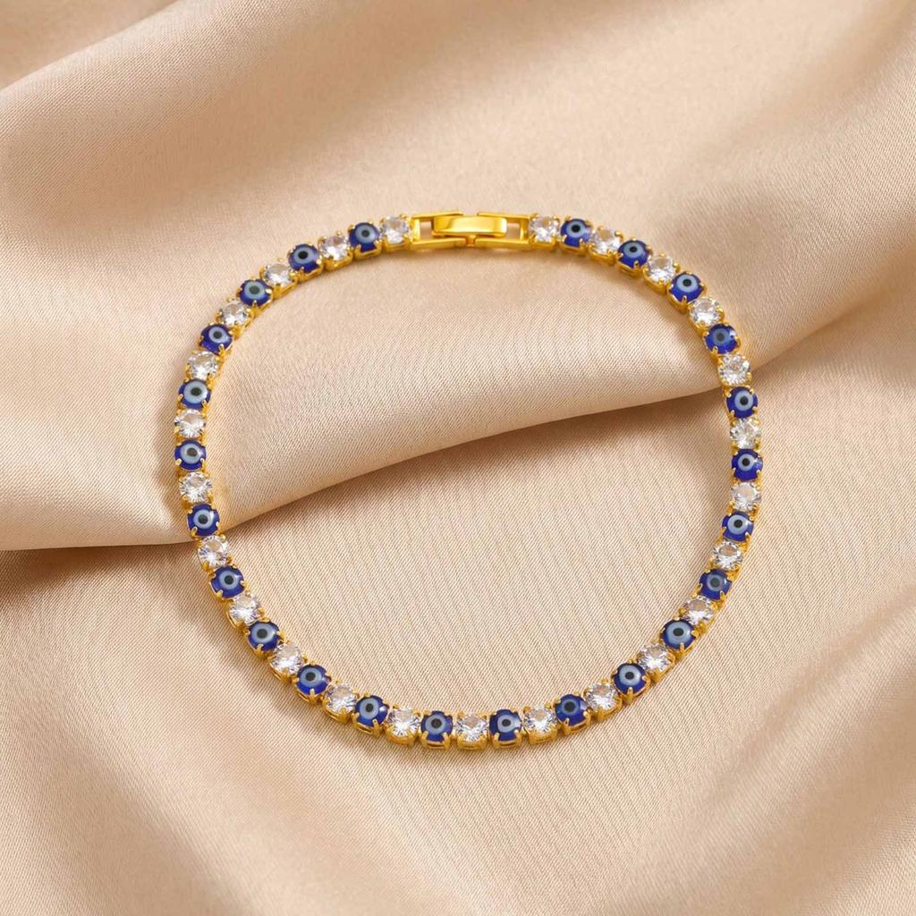 Anlaufgeschütztes Evil Eye Tennis-Fußkettchen-Armband für Damen, Glücksbringer Nazar Türkisches Auge Strasskettchen, Schutz-Amulett Schmuck Geschenk