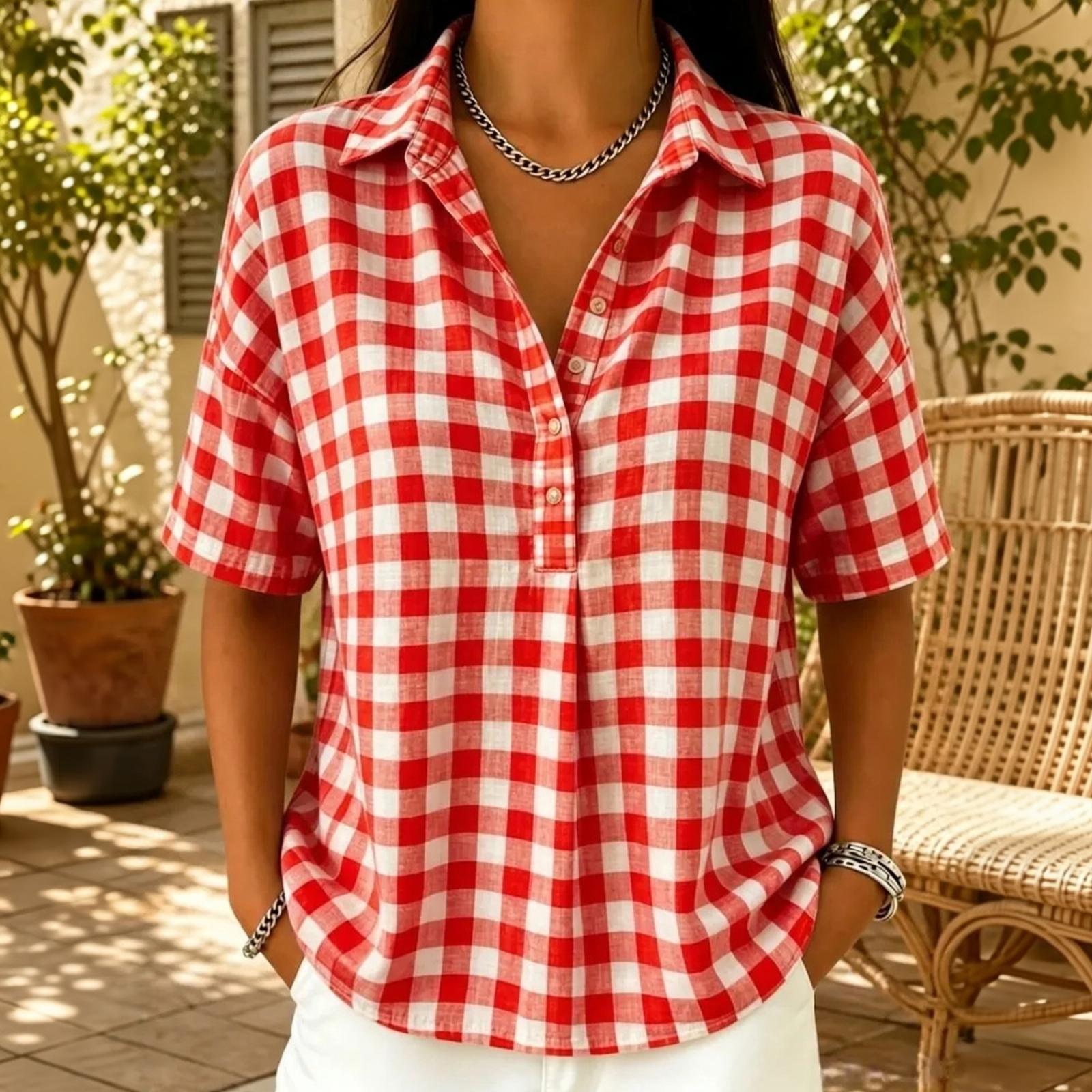 Damen Casual Karo Kurzarmhemd Halb geknöpft Kragen Lockerer Schnitt Leichte Bluse für den Alltag XXXL rot