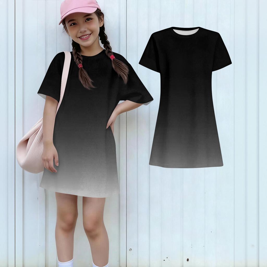 Girls Casual Sundress Kids Loose Round Neck Short Sleeve Lightweight Dress