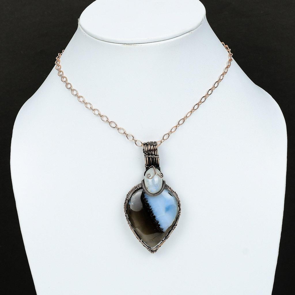 Owyhee Blue Opal Copper Wire Wrapped Pendant Handmade Gemstone Pendant Copper Jewelry For Gift Rainbow Moonstone Pendant Wire Wrap Jewelry