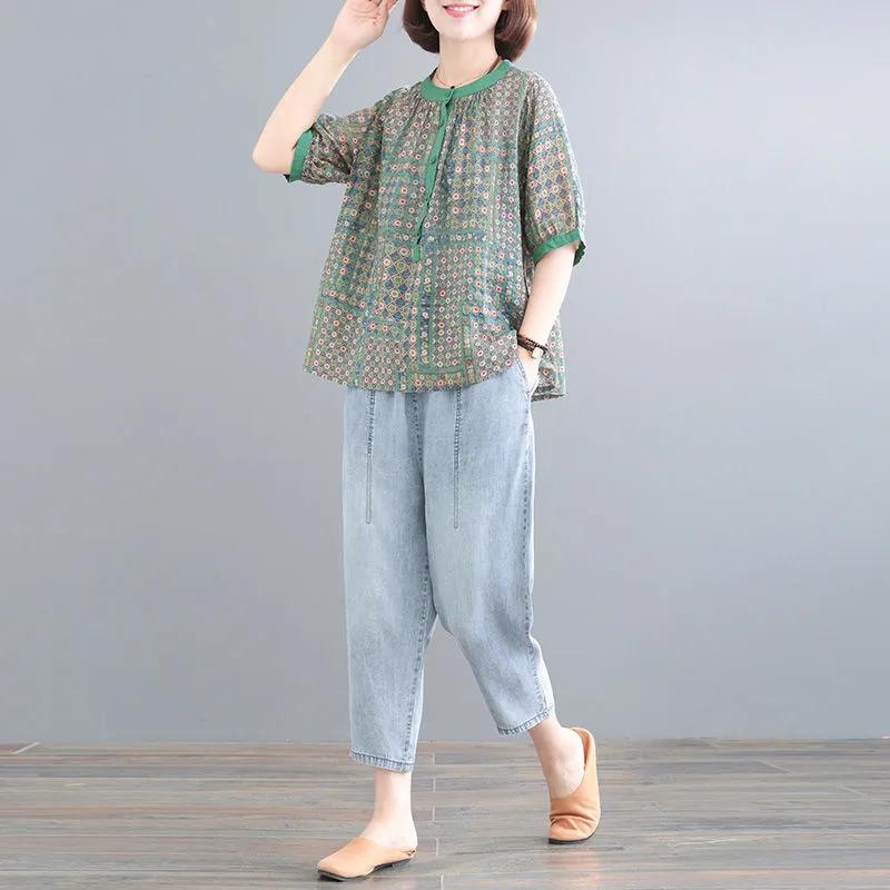 Women's Summer Age Reducing Loose Printed Casual Top Design Round Neck Commuter Tops
