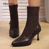 Pointed Toe High Heel Elegant Women's Brown Short Boots Side Zip Stretch Sock Boots for Women Fashion Leather Black Botines