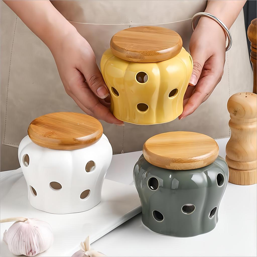 1pc Ceramic Garlic Keeper With Bamboo Lid, Hollow Design Jar, Ventilated Kitchen Storage And Decor, Ceramic Garlic Container