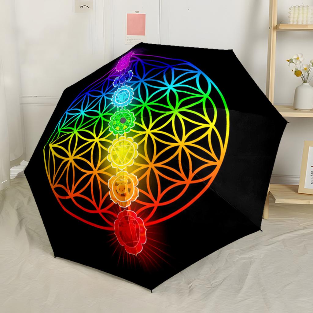 Flower of Life Rainbow Pattern Automatic Umbrella Retractable Design with 8 Rib Durability Durable Plastic Iron Travel Essential