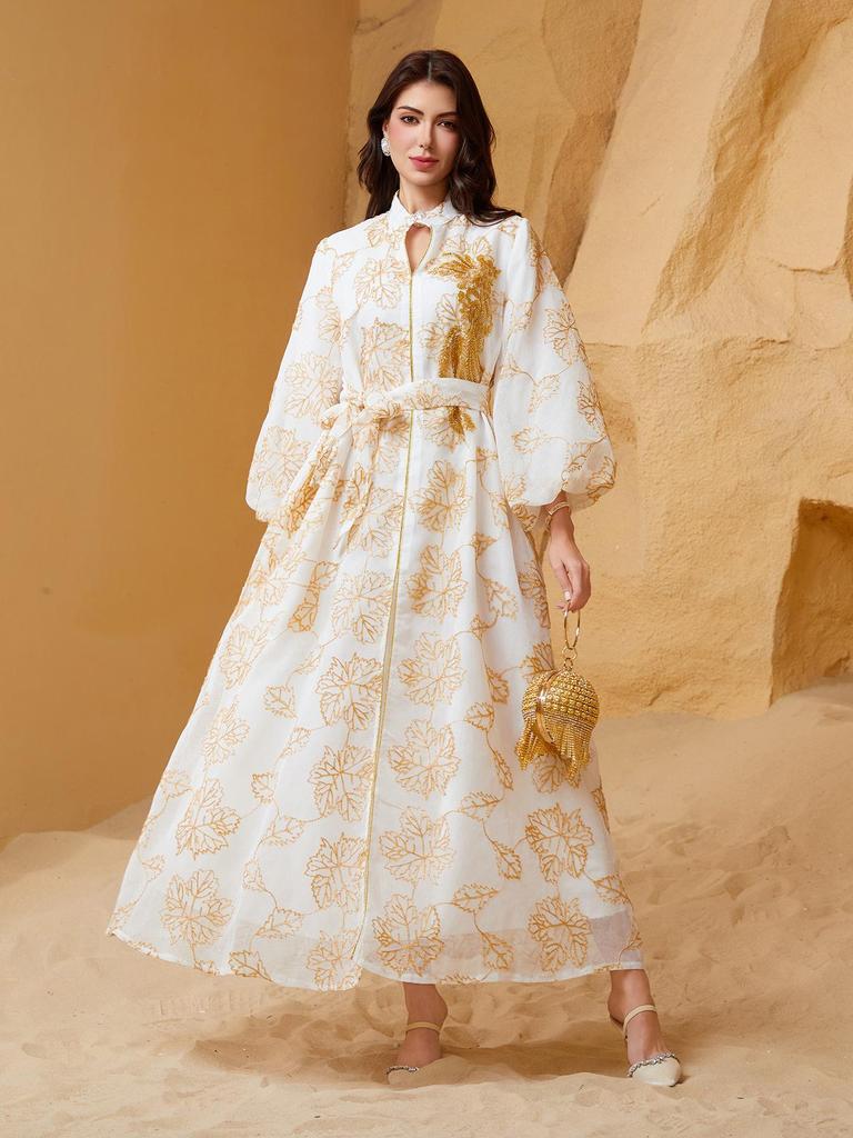 SW67 Ethnic Sequin Burnout Evening Dress with Puff Sleeves for Muslim Women - Jalabiy Style