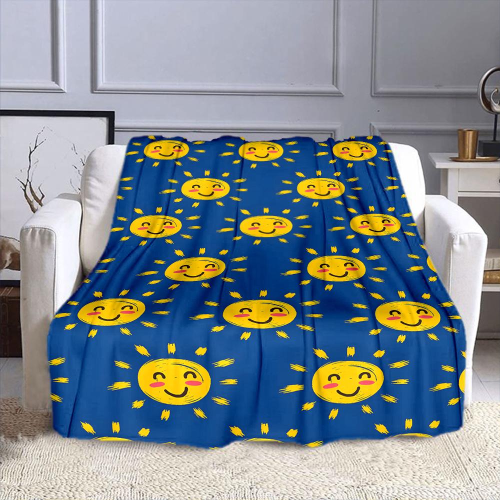 Smiling Suns On Bright Blue Background Patterned Flannel Blanket Perfect for the Bedroom Living Room, Sofa, or a Little Nap