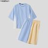 INCERUN Two Pieces Summer Men O Neck Striped Hollow Patchwork Short Sleeve Tops and Shorts Sets
