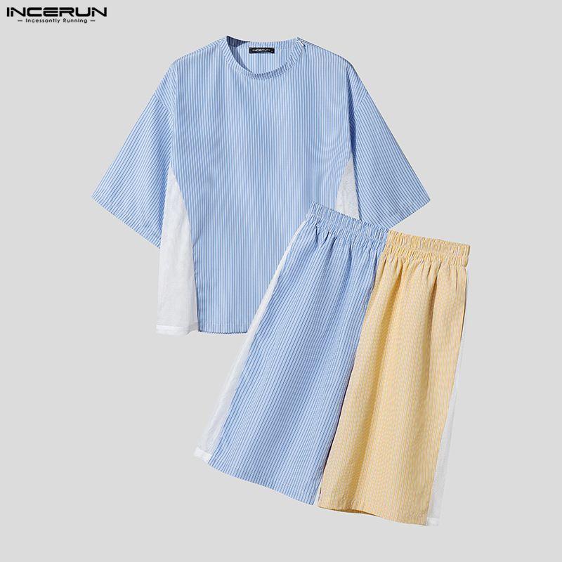 INCERUN Two Pieces Summer Men O Neck Striped Hollow Patchwork Short Sleeve Tops and Shorts Sets