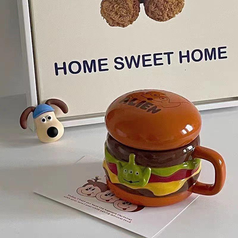 Cartoon Water Cup Cute Three-eyed Burger Mug Funny Underglaze Creative Ceramic Cup with Lid