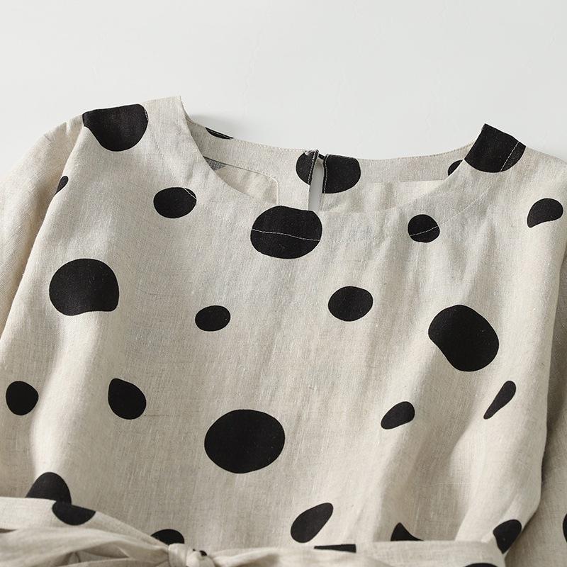 2025 Summer New Travel Polka Dot Cotton and Linen Dress Women's Loose Lace-up Waist Round Neck Short-sleeved Medium and Long Dress
