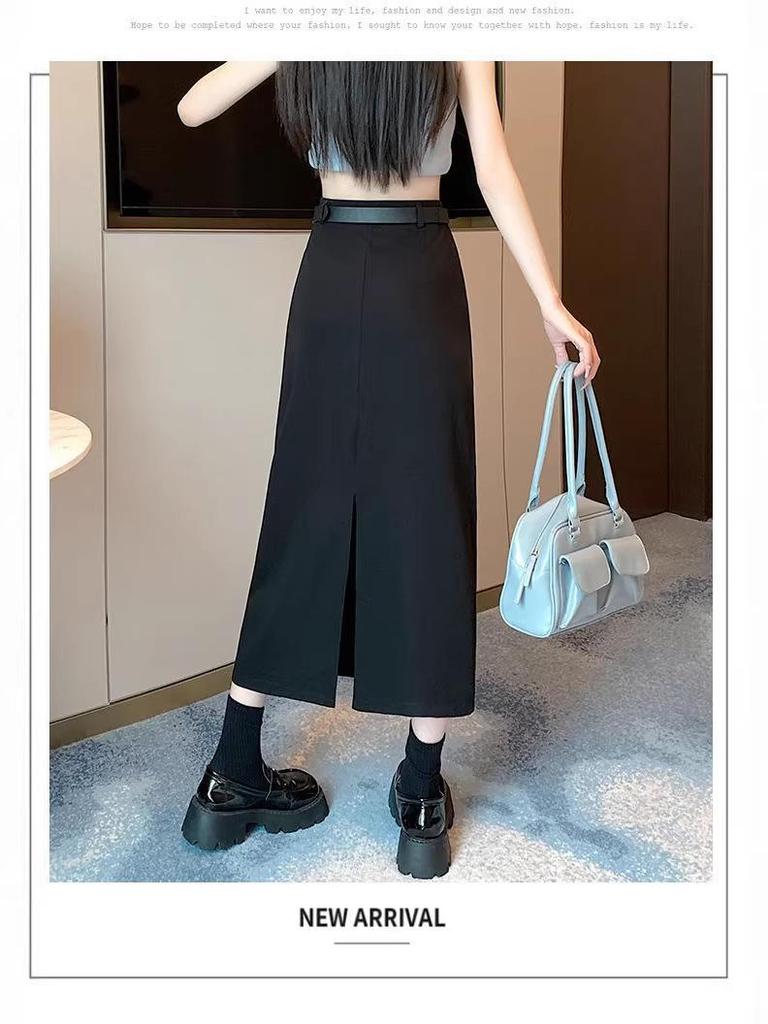 Women's High-Sense Black Slim-Fit A-Line Midi Skirt with Slit