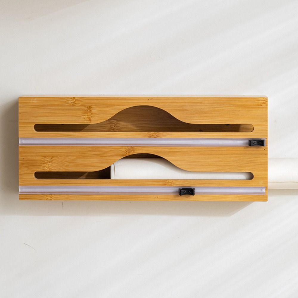 Wall Mounted Cling Film Cutter Box Bamboo Fresh Bag Cutting Holder Wrap Dispenser  Household