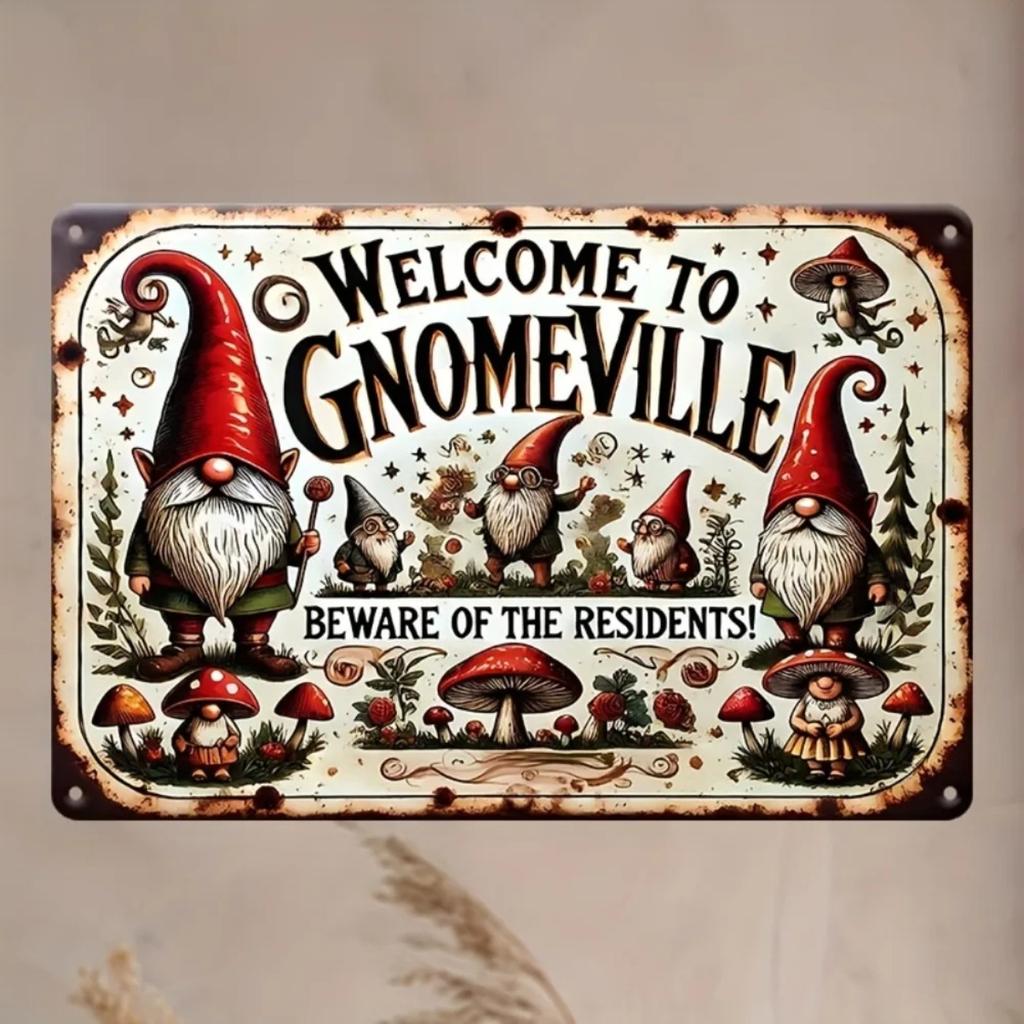 Vintage Gnome Welcome Sign Metal Wall Decor Weatherproof Outdoor Garden Art