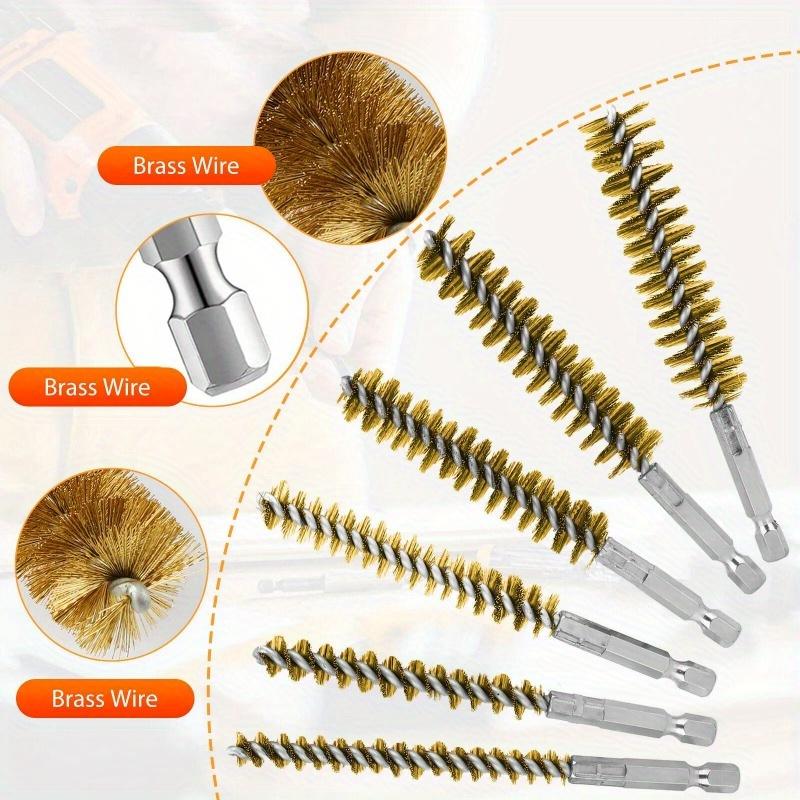 6Pc Bore Wire Brush Twisted 1/4 Inch Hex Shank Brass Bore Cleaning Wire Brushes 8-19mm for Power Drill Impact Driver Accessories.