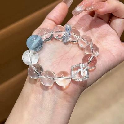 Handcrafted Natural White Quartz Aquamarine Beaded Bracelet Women Men Minimalist Luxury Style 13mm Round Beads