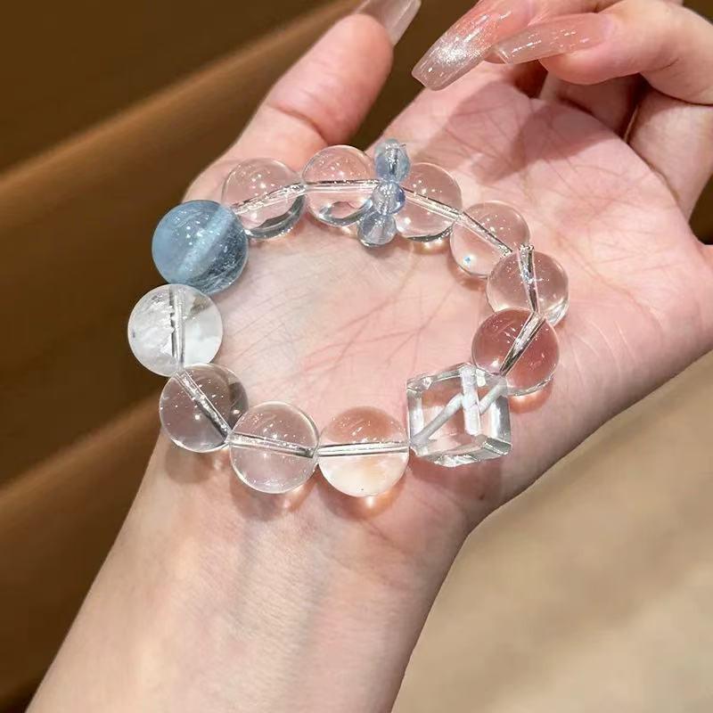 Handcrafted Natural White Quartz Aquamarine Beaded Bracelet Women Men Minimalist Luxury Style 13mm Round Beads