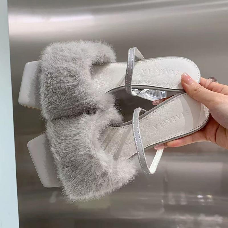 Fur Women Slippers Mid Heels Designer Shoes Dress New Woman Sandals 2025 Summer Elegant Pumps Luxury Zapatillas De Mujer