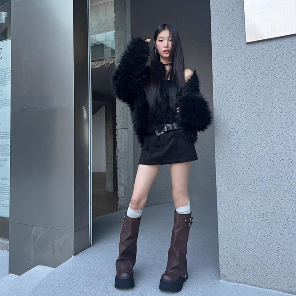 Small Versatile Round Head Thin Black Long Boots Muffin Platform Boots Women's Shoes New In Autumn and Winter 2025