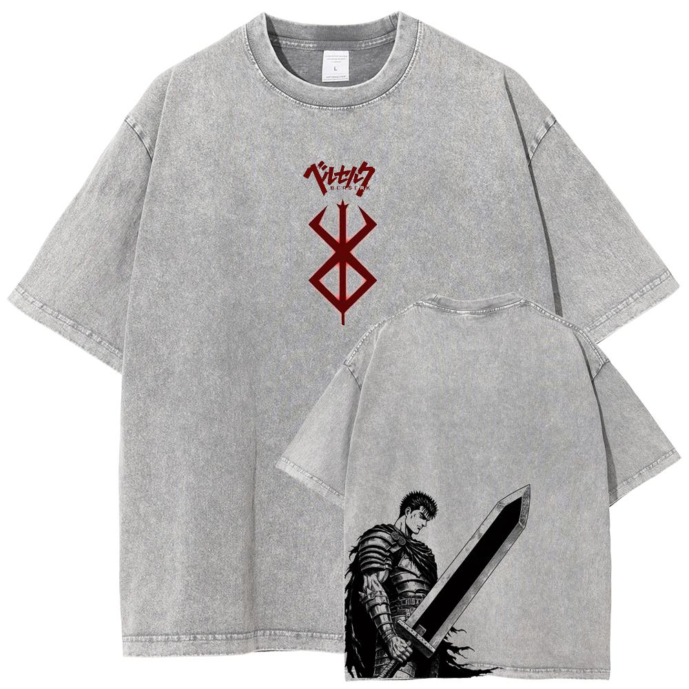 Berserk Guts T Shirt Manga Griffith Printed  T-shirt Men Unisex Clothes Street Vintage Washed Tshirt Short Sleeve Cotton Tees