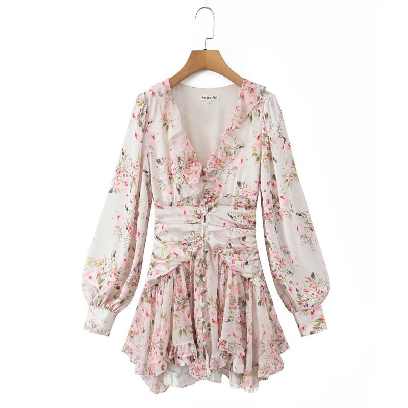 House Style Romantic Floral Ruffle V-Neck Long Sleeve Slim Fit Mini Dress